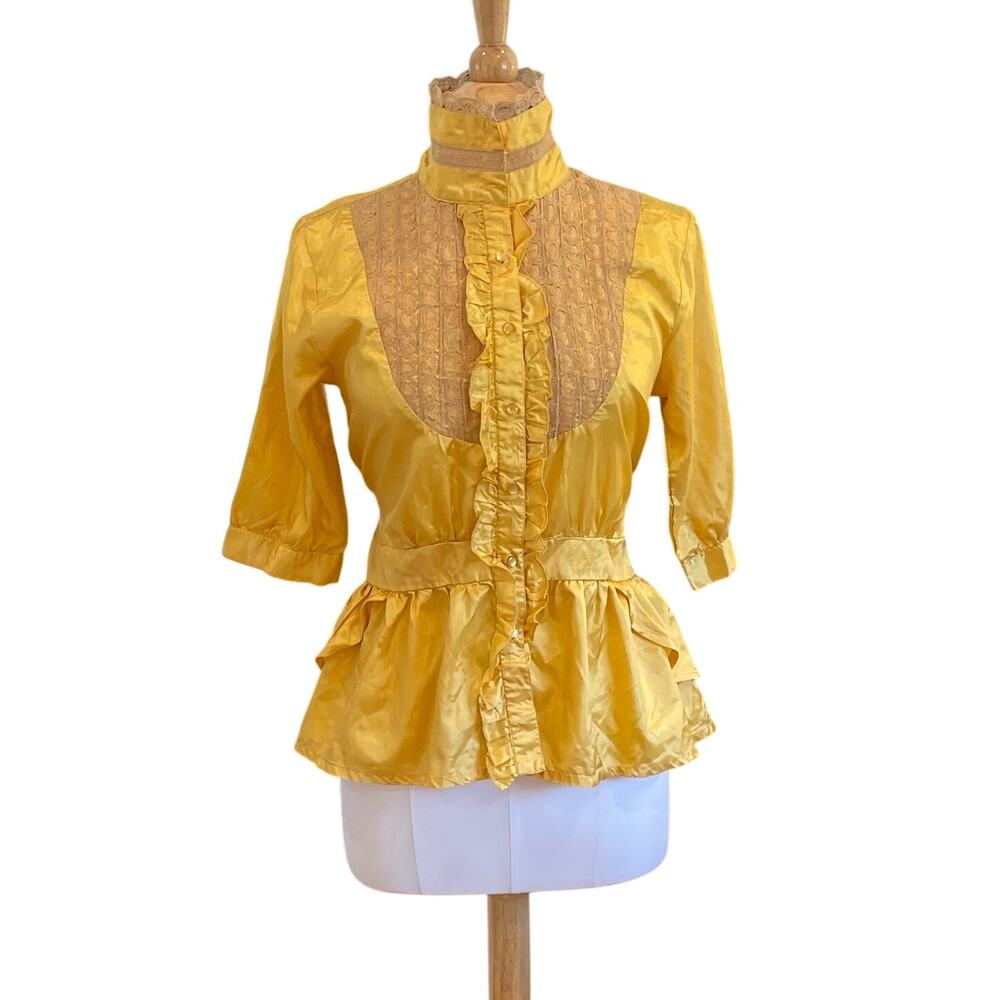 Vintage Galeno Gold Silk Short Sleeve Blouse, Lace, Ruffle, Belt / Tie, Size M